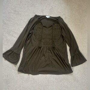 J. Jill Dark Green Brown Blouse with Embroidered Detail
